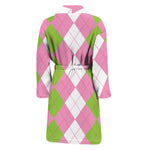 Green Pink And White Argyle Print Men's Bathrobe