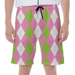 Green Pink And White Argyle Print Men's Beach Shorts