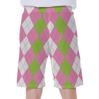 Green Pink And White Argyle Print Men's Beach Shorts