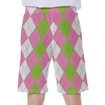 Green Pink And White Argyle Print Men's Beach Shorts