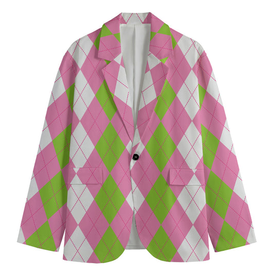 Green Pink And White Argyle Print Men's Blazer