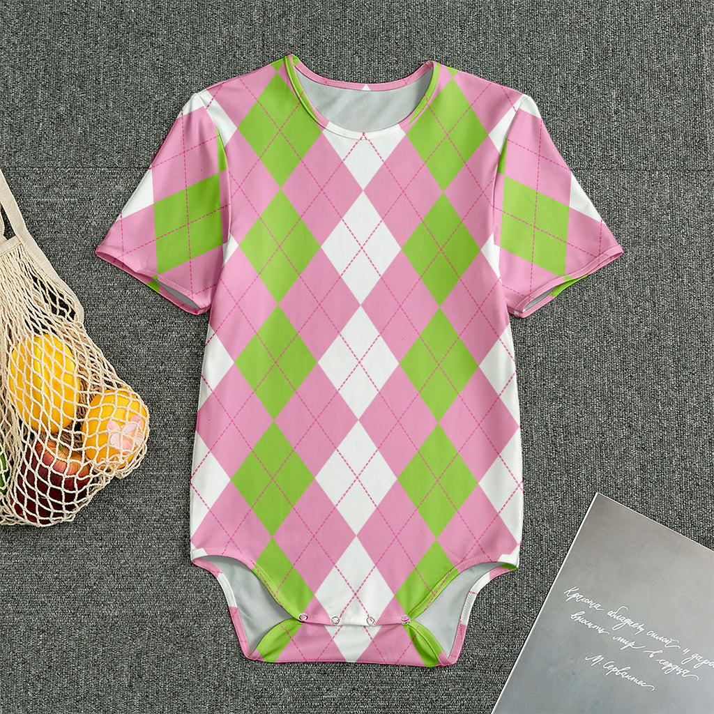 Green Pink And White Argyle Print Men's Bodysuit
