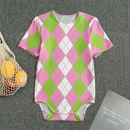 Green Pink And White Argyle Print Men's Bodysuit