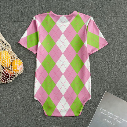 Green Pink And White Argyle Print Men's Bodysuit