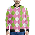 Green Pink And White Argyle Print Men's Bomber Jacket