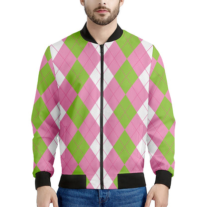 Green Pink And White Argyle Print Men's Bomber Jacket