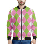 Green Pink And White Argyle Print Men's Bomber Jacket