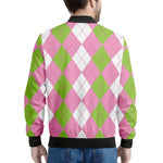 Green Pink And White Argyle Print Men's Bomber Jacket