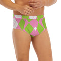 Green Pink And White Argyle Print Men's Briefs