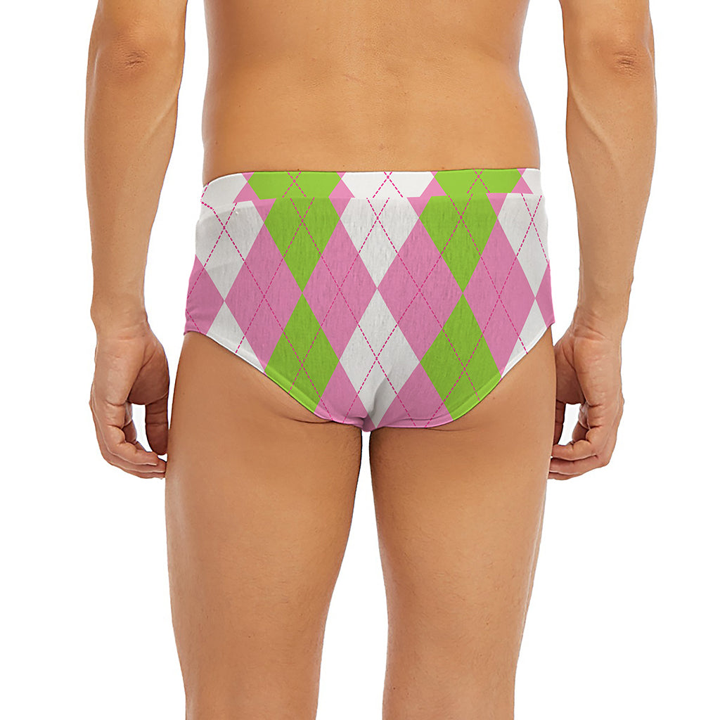 Green Pink And White Argyle Print Men's Briefs