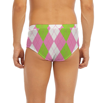 Green Pink And White Argyle Print Men's Briefs