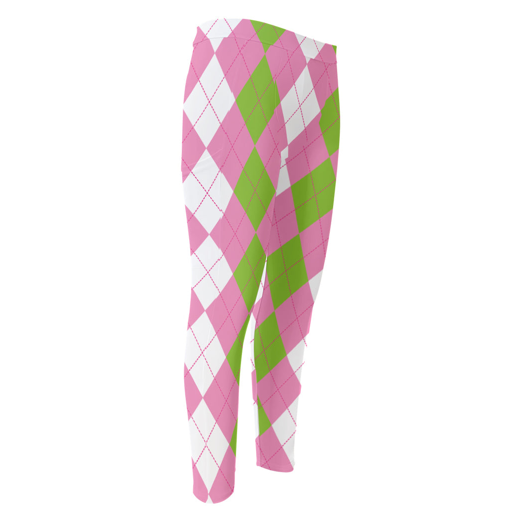 Green Pink And White Argyle Print Men's Compression Pants