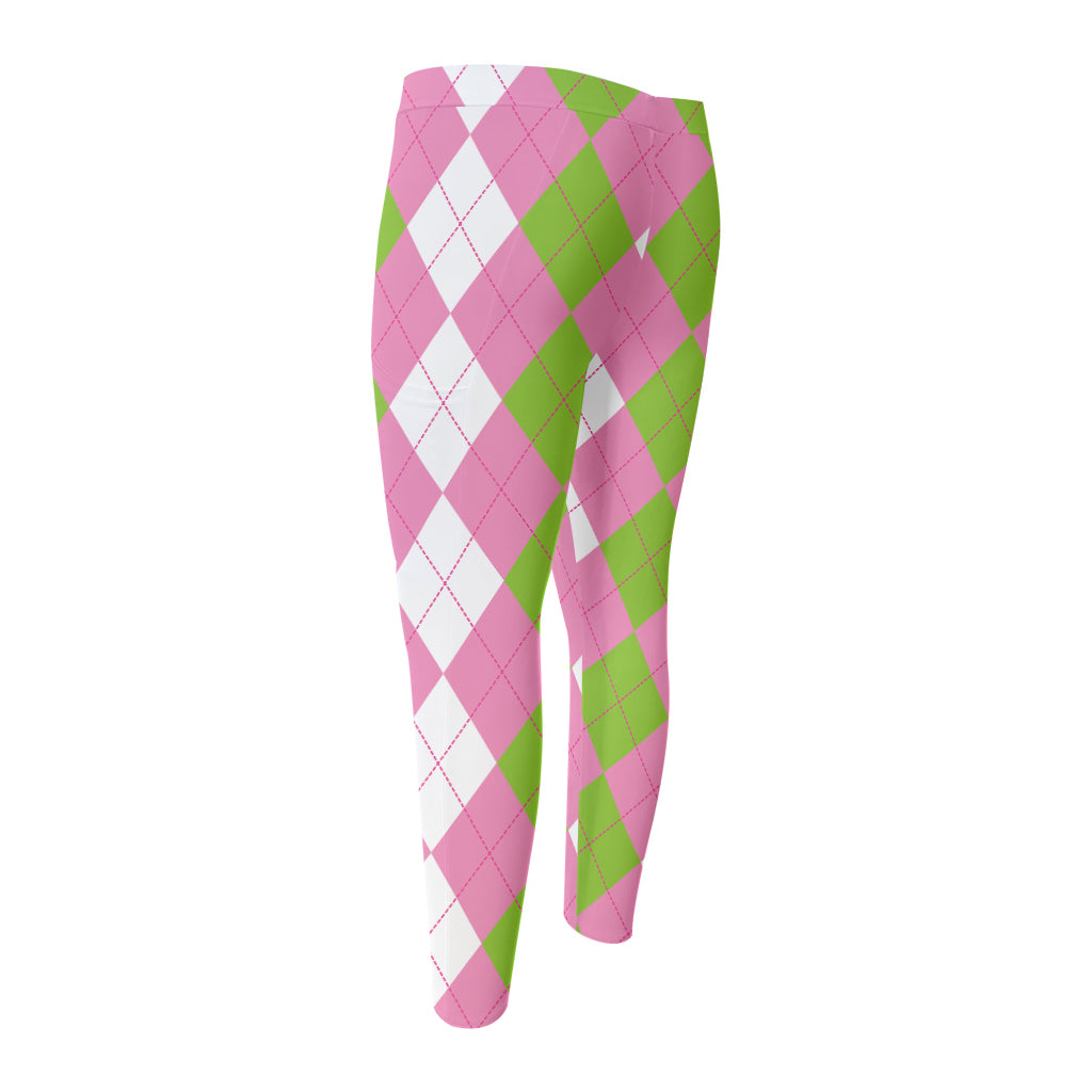 Green Pink And White Argyle Print Men's Compression Pants