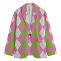 Green Pink And White Argyle Print Men's Cotton Blazer