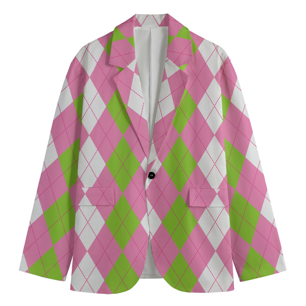 Green Pink And White Argyle Print Men's Cotton Blazer