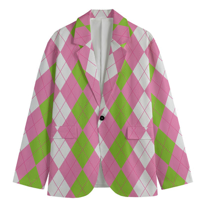 Green Pink And White Argyle Print Men's Cotton Blazer
