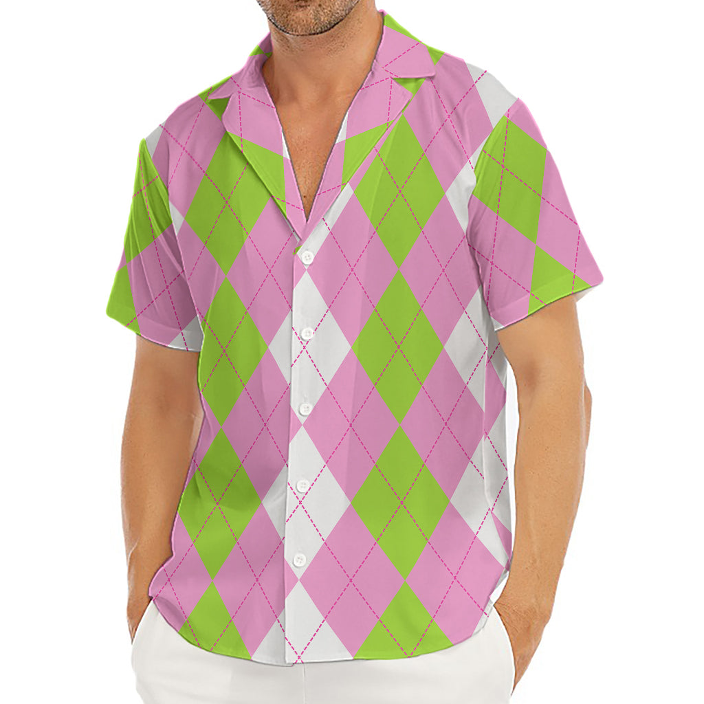 Green Pink And White Argyle Print Men's Deep V-Neck Shirt