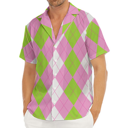 Green Pink And White Argyle Print Men's Deep V-Neck Shirt