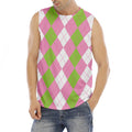 Green Pink And White Argyle Print Men's Fitness Tank Top