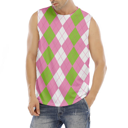 Green Pink And White Argyle Print Men's Fitness Tank Top