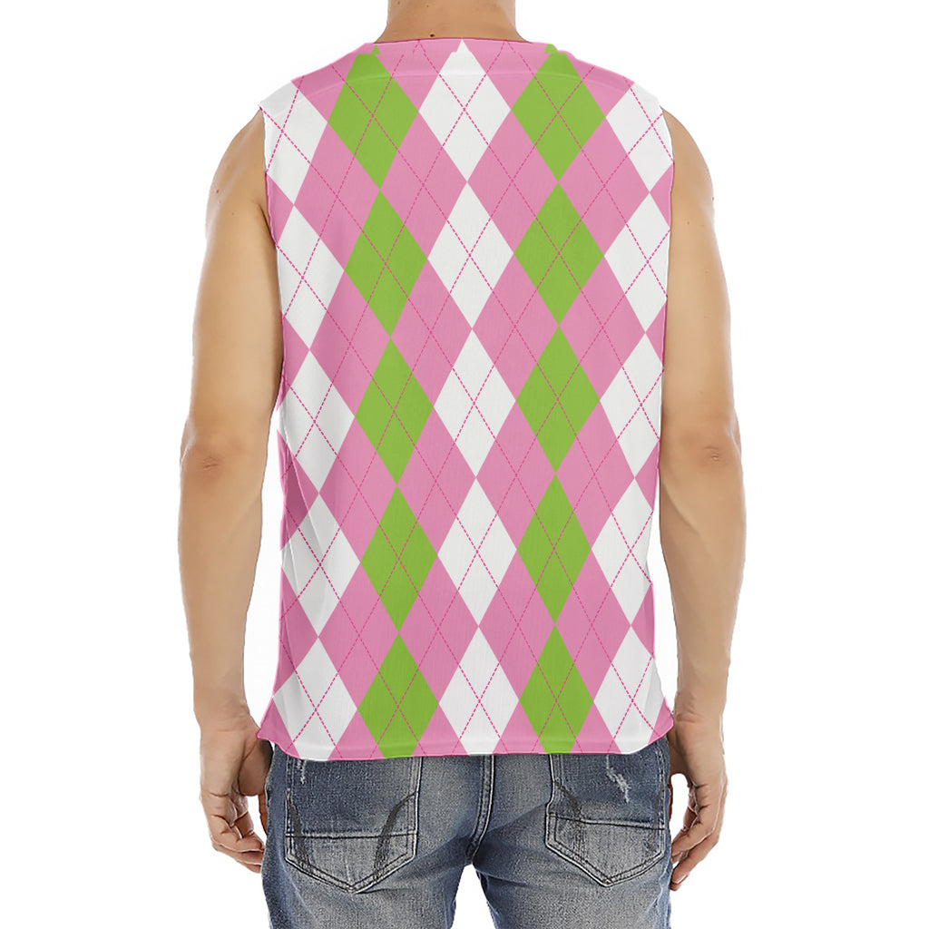 Green Pink And White Argyle Print Men's Fitness Tank Top