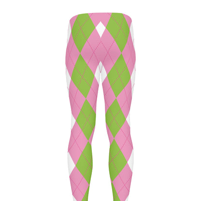 Green Pink And White Argyle Print Men's leggings