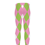 Green Pink And White Argyle Print Men's leggings