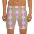 Green Pink And White Argyle Print Men's Long Boxer Briefs