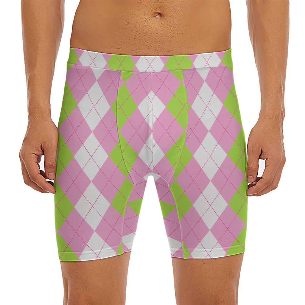 Green Pink And White Argyle Print Men's Long Boxer Briefs