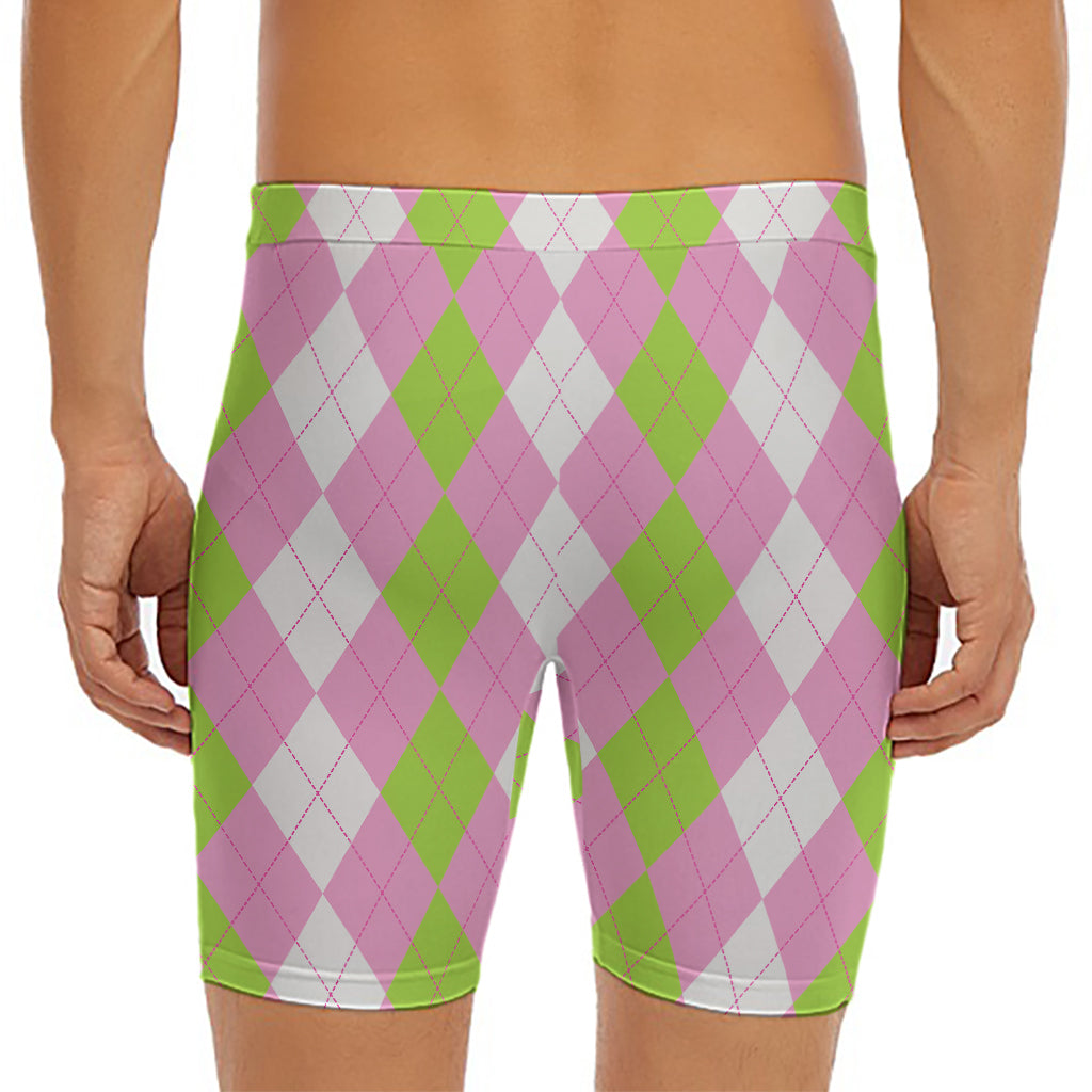 Green Pink And White Argyle Print Men's Long Boxer Briefs