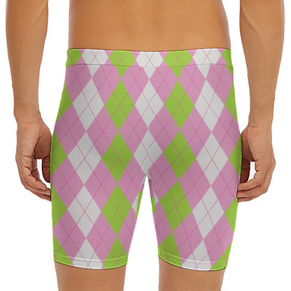 Green Pink And White Argyle Print Men's Long Boxer Briefs