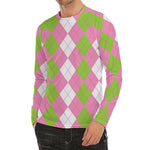 Green Pink And White Argyle Print Men's Long Sleeve Rash Guard