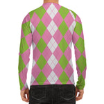 Green Pink And White Argyle Print Men's Long Sleeve Rash Guard