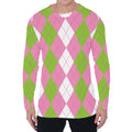 Green Pink And White Argyle Print Men's Long Sleeve T-Shirt