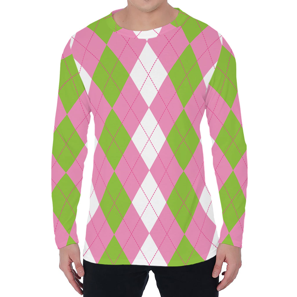 Green Pink And White Argyle Print Men's Long Sleeve T-Shirt