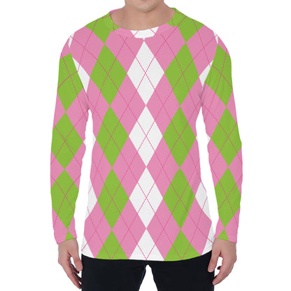Green Pink And White Argyle Print Men's Long Sleeve T-Shirt