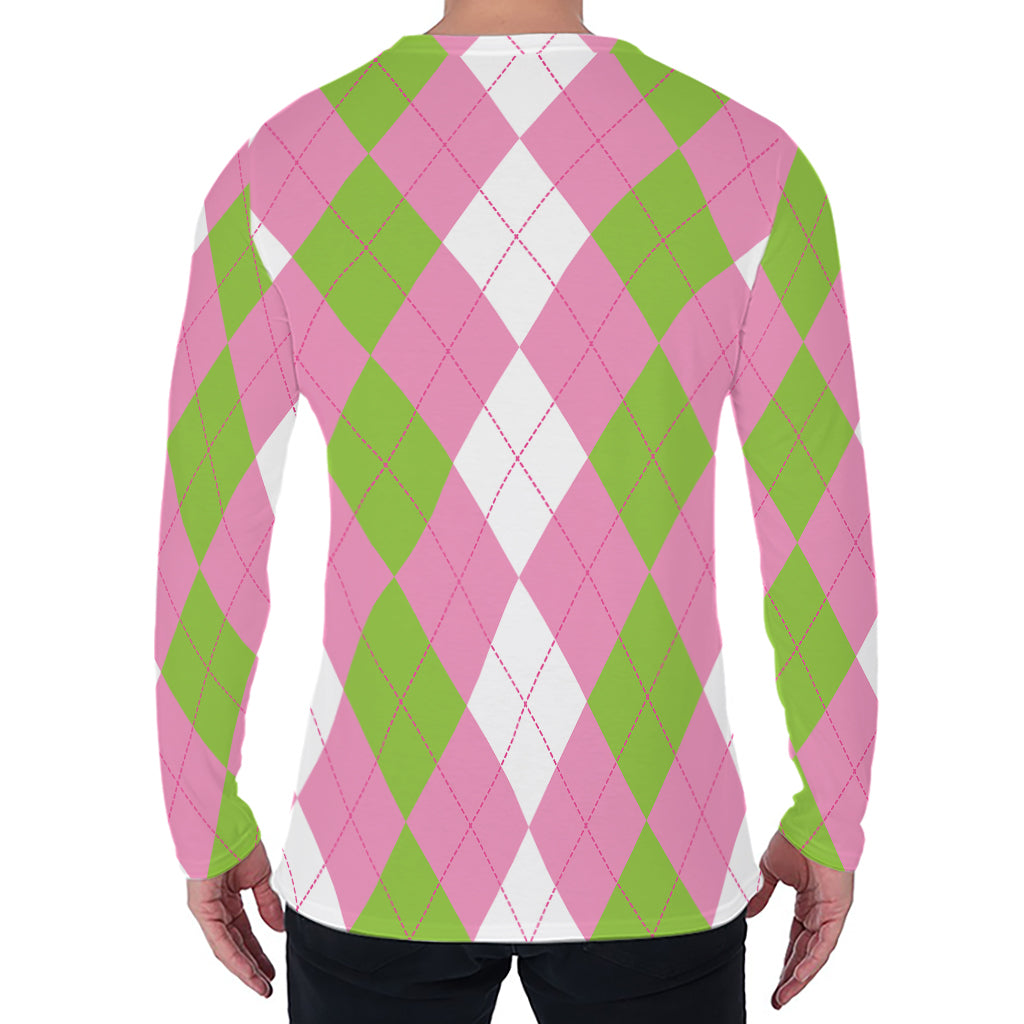 Green Pink And White Argyle Print Men's Long Sleeve T-Shirt