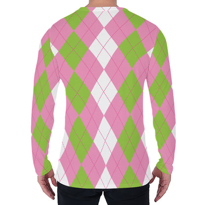 Green Pink And White Argyle Print Men's Long Sleeve T-Shirt