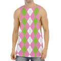 Green Pink And White Argyle Print Men's Muscle Tank Top