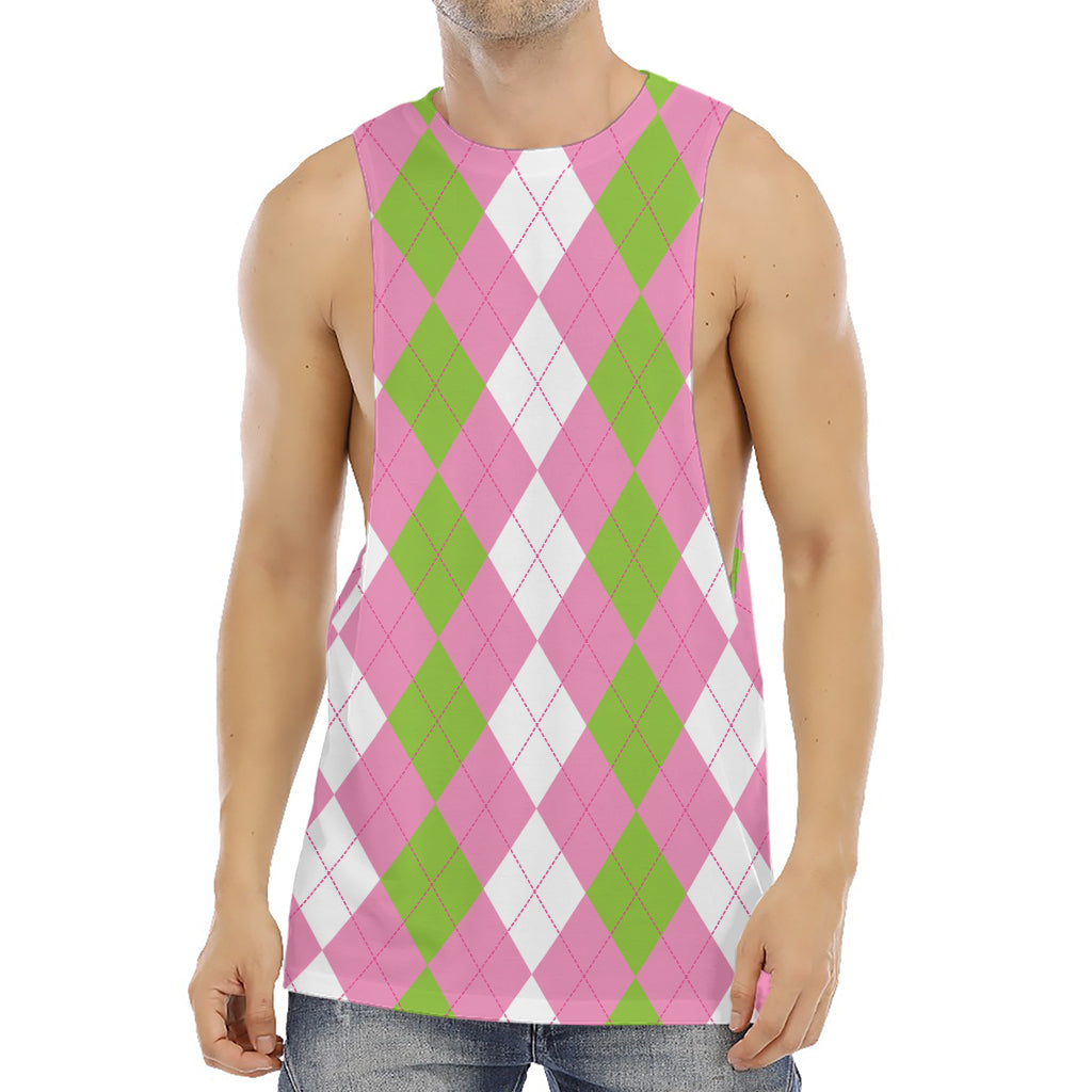 Green Pink And White Argyle Print Men's Muscle Tank Top