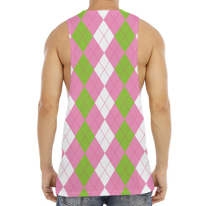 Green Pink And White Argyle Print Men's Muscle Tank Top
