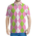 Green Pink And White Argyle Print Men's Polo Shirt