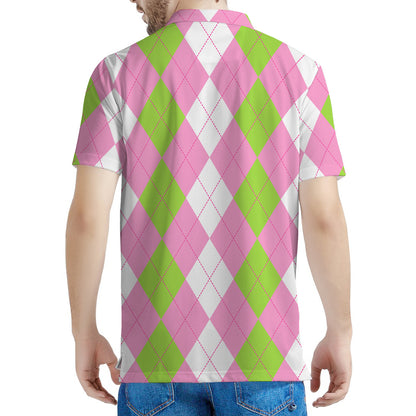 Green Pink And White Argyle Print Men's Polo Shirt