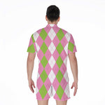 Green Pink And White Argyle Print Men's Rompers