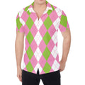 Green Pink And White Argyle Print Men's Shirt
