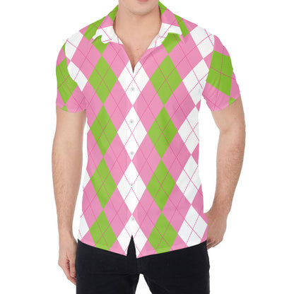 Green Pink And White Argyle Print Men's Shirt