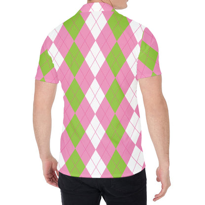 Green Pink And White Argyle Print Men's Shirt