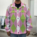 Green Pink And White Argyle Print Men's Shirt Jacket