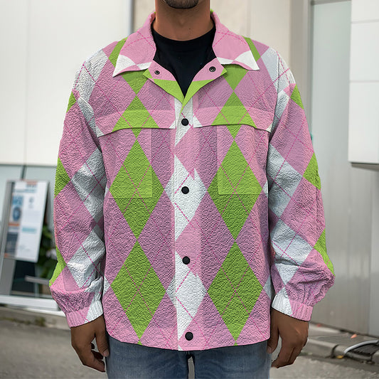 Green Pink And White Argyle Print Men's Shirt Jacket