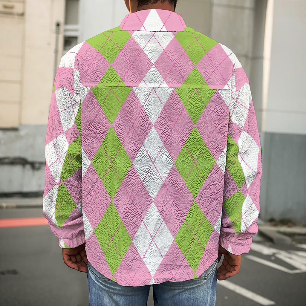 Green Pink And White Argyle Print Men's Shirt Jacket